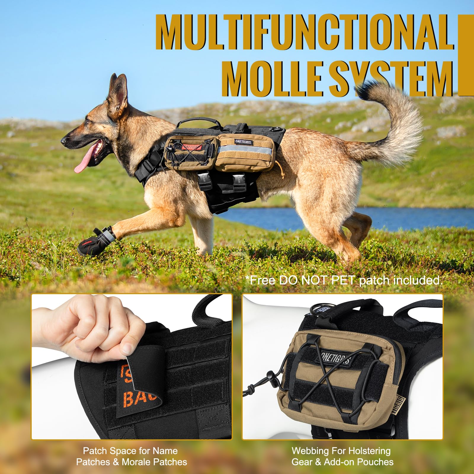 Onetigris Tactical Large Dog Harness, 5X Metal Buckled No Pull Service Dog Harness Vest With Hook & Loop Panels, Military Heavy